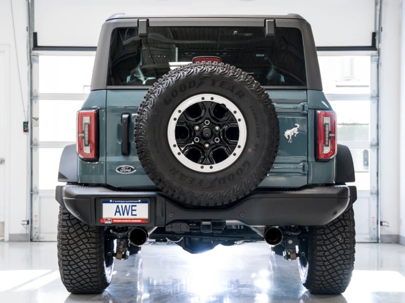 AWE Tuning 2021+ Ford Bronco 0FG Dual Rear Exit Exhaust w/Diamond Black Tips & Bash Guard Exhaust offroad accessory | Iron Ridge Offroad