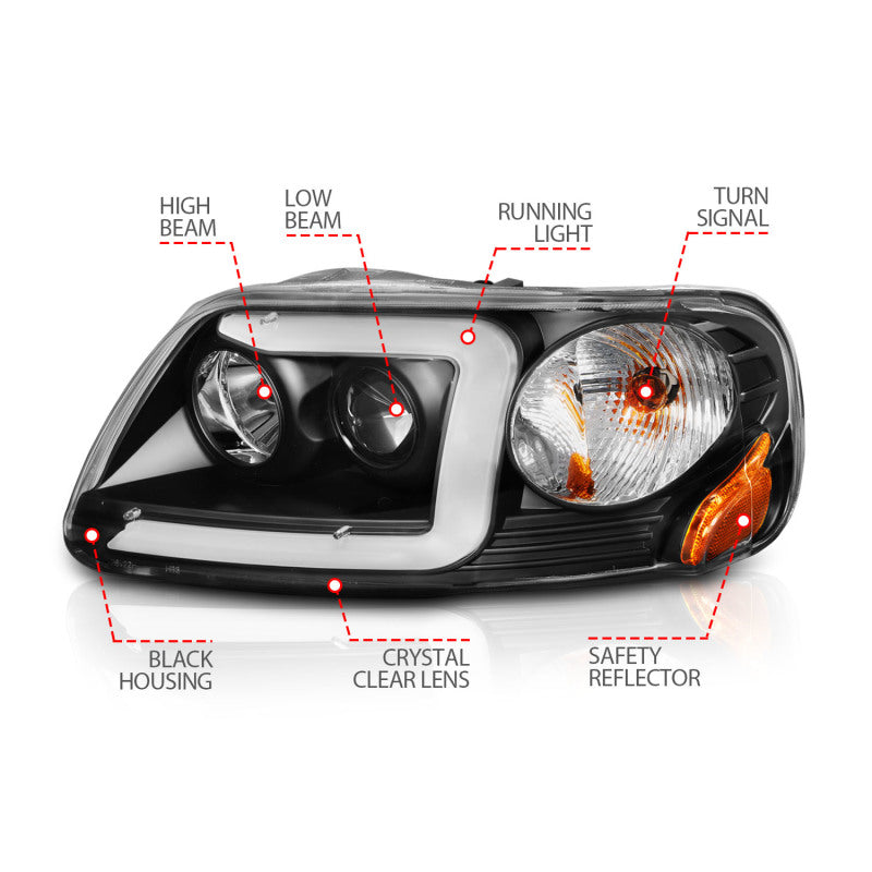 ANZO Black Projector Headlight Set w/ Light Bar | Ford Expedition (97-02) / F-150 (97-03) (111503)