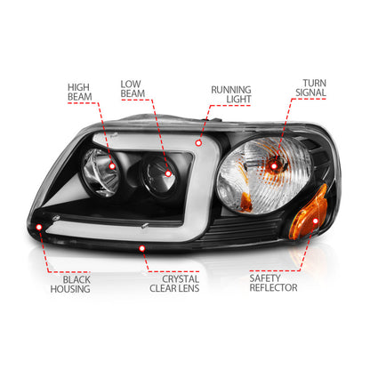 ANZO Black Projector Headlight Set w/ Light Bar | Ford Expedition (97-02) / F-150 (97-03) (111503)