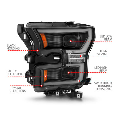 ANZO LED Projector Headlight Set w/ Light Bar Switchback Black Housing | Ford F-150 (15-17) (111547)