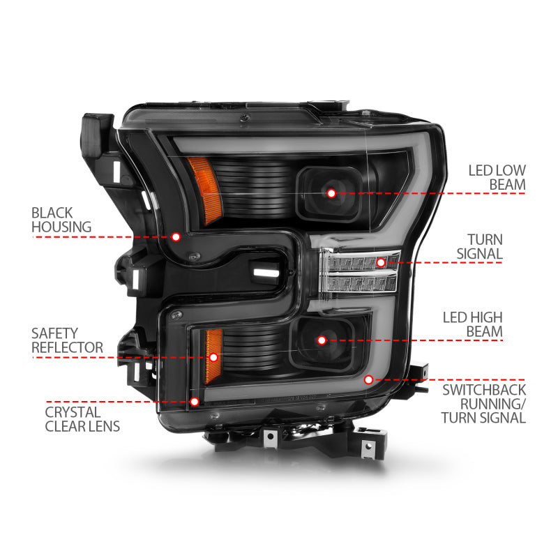 ANZO LED Projector Headlight Set w/ Light Bar Switchback Black Housing | Ford F-150 (15-17) (111547)