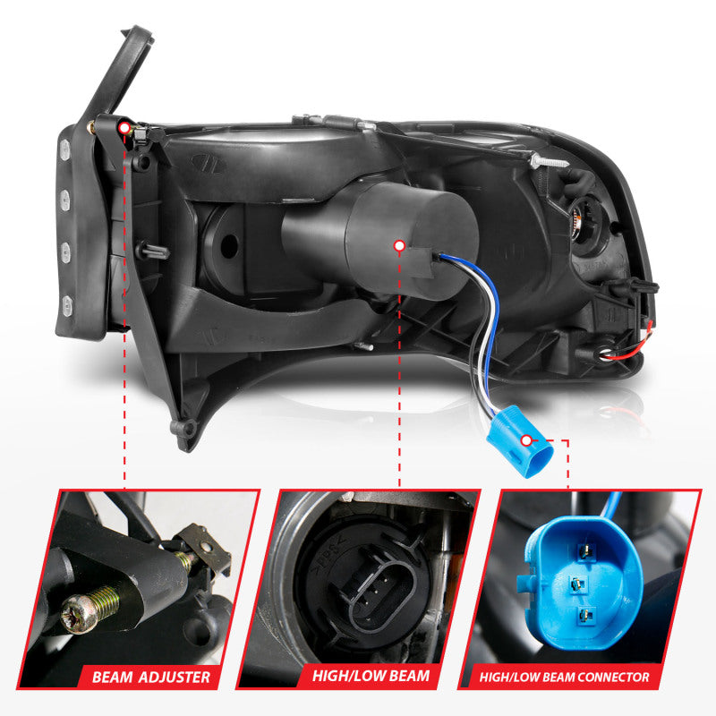 ANZO Crystal Headlights w/ Light Bar (Black): Dodge Ram 1994 - 2002 (1500, 2500, 3500)