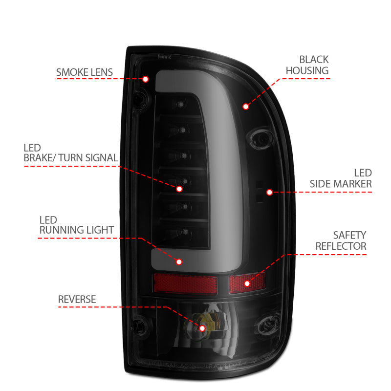 ANZO LED Tail Light Assembly Black Housing Smoke Lens Pair | Toyota Tacoma (95-00) (311354)