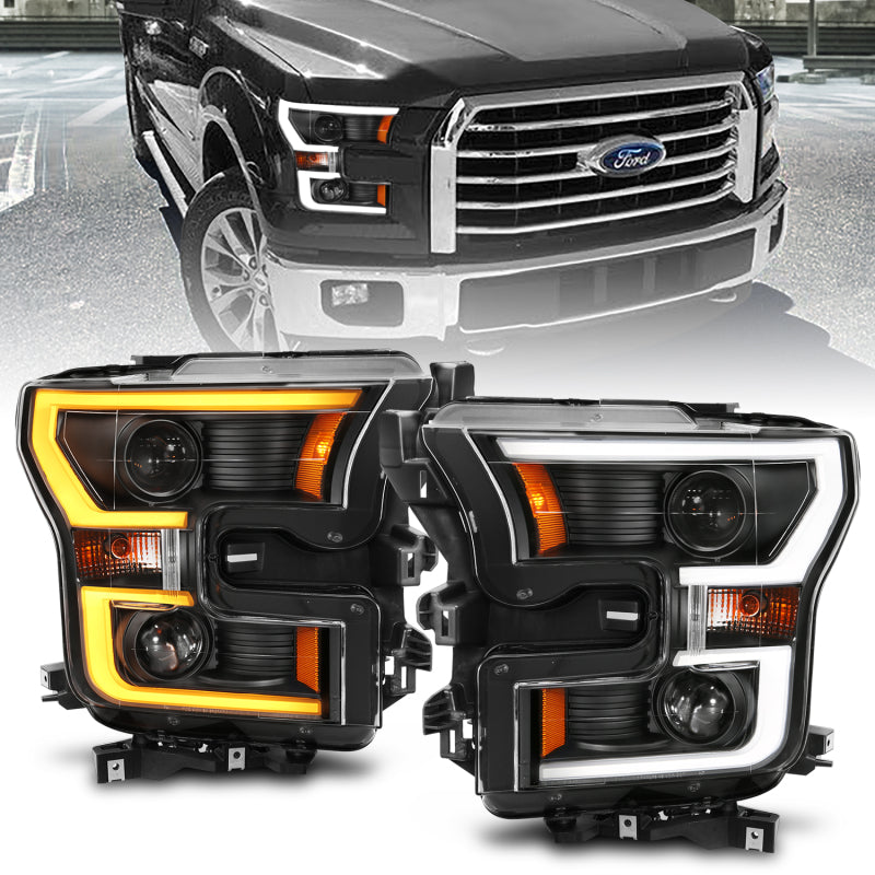 ANZO Projector Headlight Set w/ Plank Style Switchback Black w/ Amber | Ford F-150 (15-17) (111357)