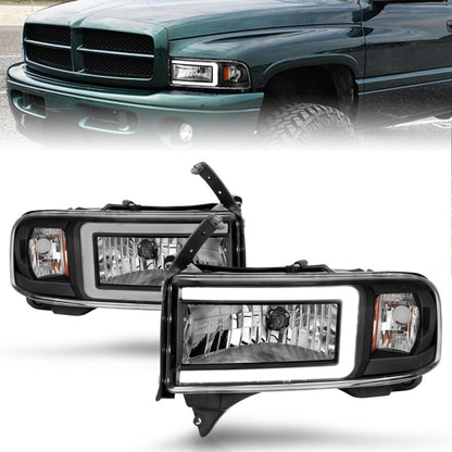 ANZO Crystal Headlights w/ Light Bar (Black): Dodge Ram 1994 - 2002 (1500, 2500, 3500)