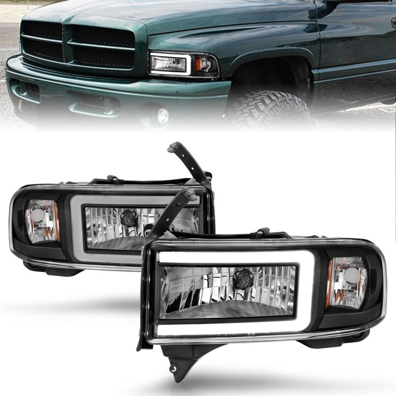 ANZO Crystal Headlights w/ Light Bar (Black): Dodge Ram 1994 - 2002 (1500, 2500, 3500)