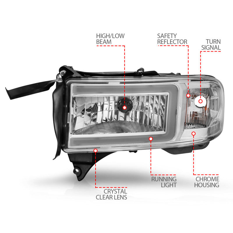 ANZO Crystal Headlights w/ Light Bar (Chrome): Dodge Ram 1994 - 2002 (1500, 2500, 3500)
