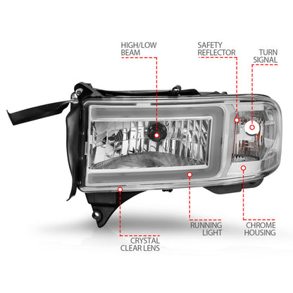 ANZO Crystal Headlights w/ Light Bar (Chrome): Dodge Ram 1994 - 2002 (1500, 2500, 3500)