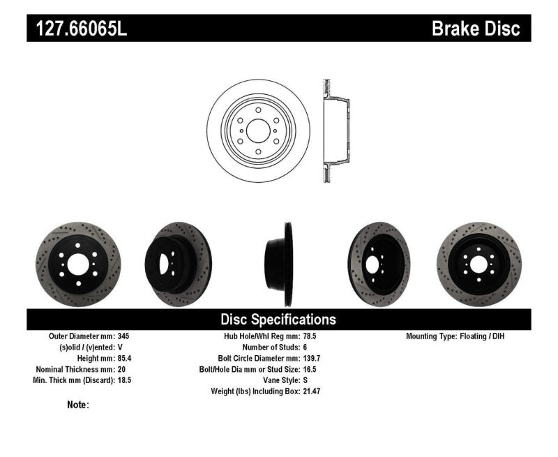 StopTech Rear Left Drilled Disc Brake Rotor | Chevrolet Silverado / GMC Sierra 1500 (07-20 / 19-26) (127.66065L)
