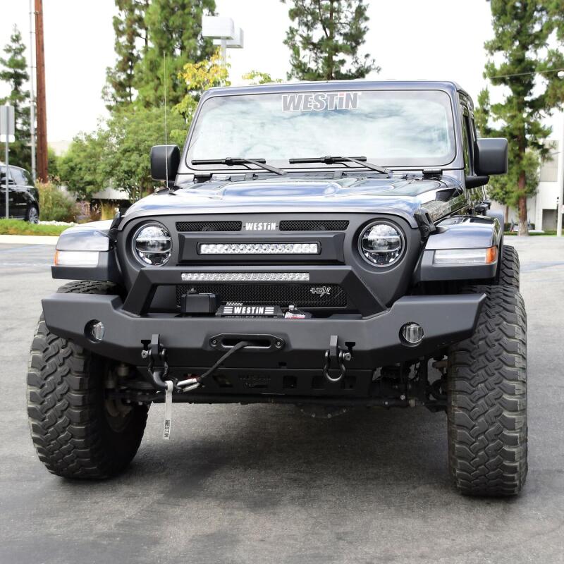 Westin Textured Black Full Width Front Bumper w/ LED Light Bar Mount: Jeep Wrangler (18-24) / Gladiator (20-24)