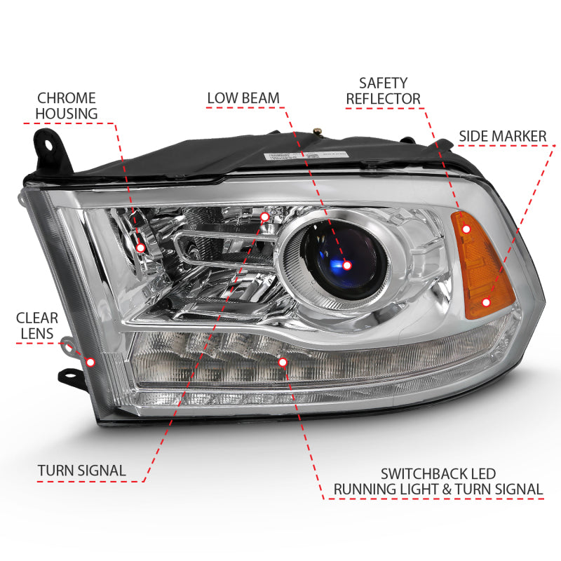 ANZO Projector Headlights Plank Style Switchback w/ Halo (Chrome): Dodge Ram 1500 2009 - 2018