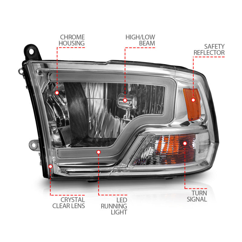 ANZO Crystal Headlights w/ Light Bar (Chrome): Dodge Ram 2009 - 2018 (1500, 2500, 3500)