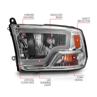 ANZO Crystal Headlights w/ Light Bar (Chrome): Dodge Ram 2009 - 2018 (1500, 2500, 3500)