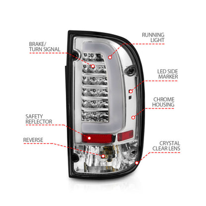 ANZO LED Tail Light Assembly Chrome Housing Clear Lens Pair | Toyota Tacoma (95-00) (311355)