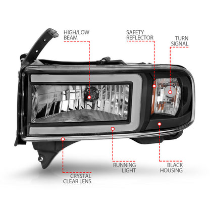 ANZO Crystal Headlights w/ Light Bar (Black): Dodge Ram 1994 - 2002 (1500, 2500, 3500)