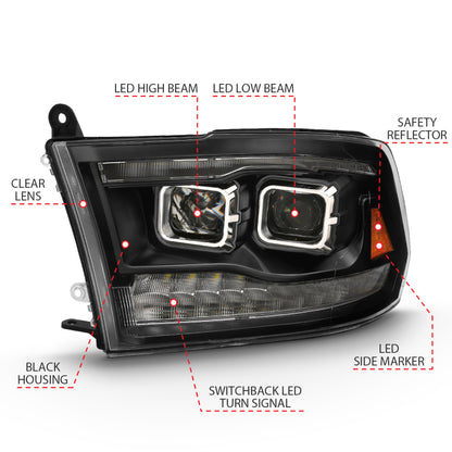 ANZO LED Projector Headlights Plank Style Switchback w/ Halo (Black): Dodge Ram 1500 2009 - 2018