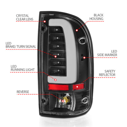 ANZO LED Tail Light Assembly Black Housing Clear Lens Rear Pair | Toyota Tacoma (95-04) (311353)