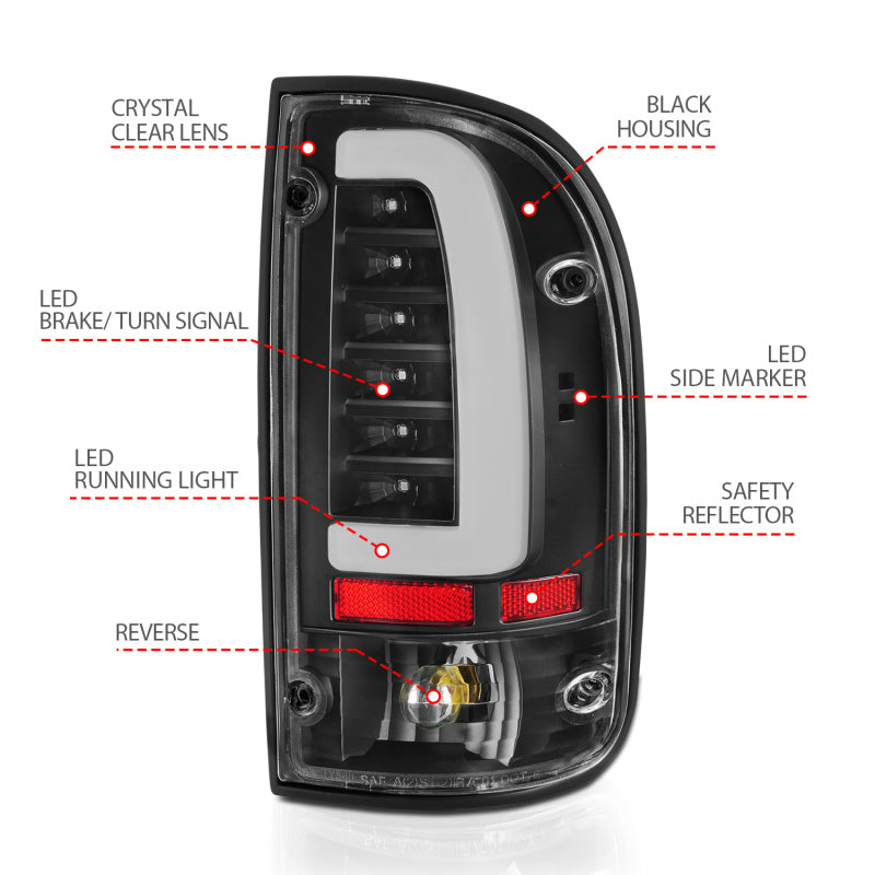 ANZO LED Tail Light Assembly Black Housing Clear Lens Rear Pair | Toyota Tacoma (95-04) (311353)