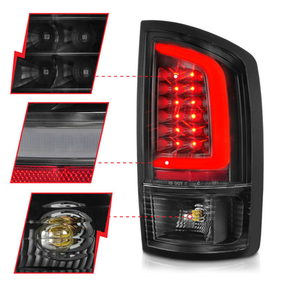 ANZO LED Tail Lights w/ Light Bar (Black/Clear): Dodge Ram 2002 - 2006 (1500, 2500, 3500)