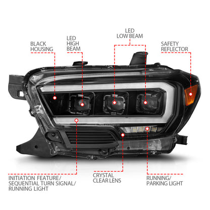 ANZO LED Projector Headlight w/ Light Bar & Sequential Turn | Toyota Tacoma (16-23) (111562)