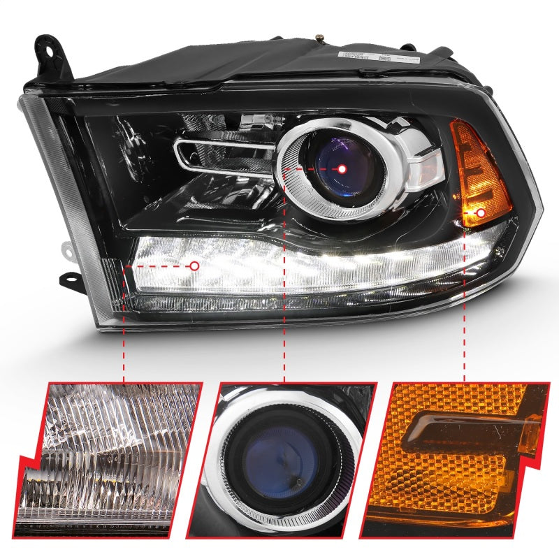 ANZO Projector Headlights Plank Style Switchback w/ Halo (Black): Dodge Ram 1500 2009 - 2018