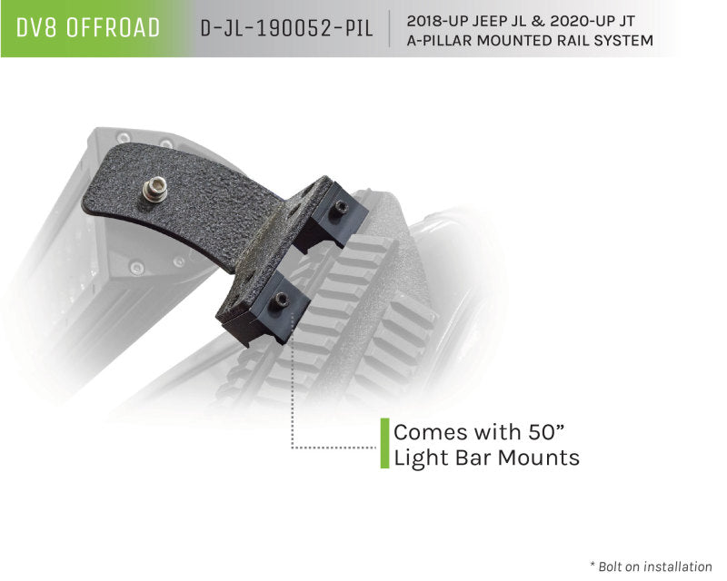 DV8 Offroad Picatinny Rail A-Pillar Pod LED Light Mount: Jeep Wrangler (18-21) / Gladiator (20-21)