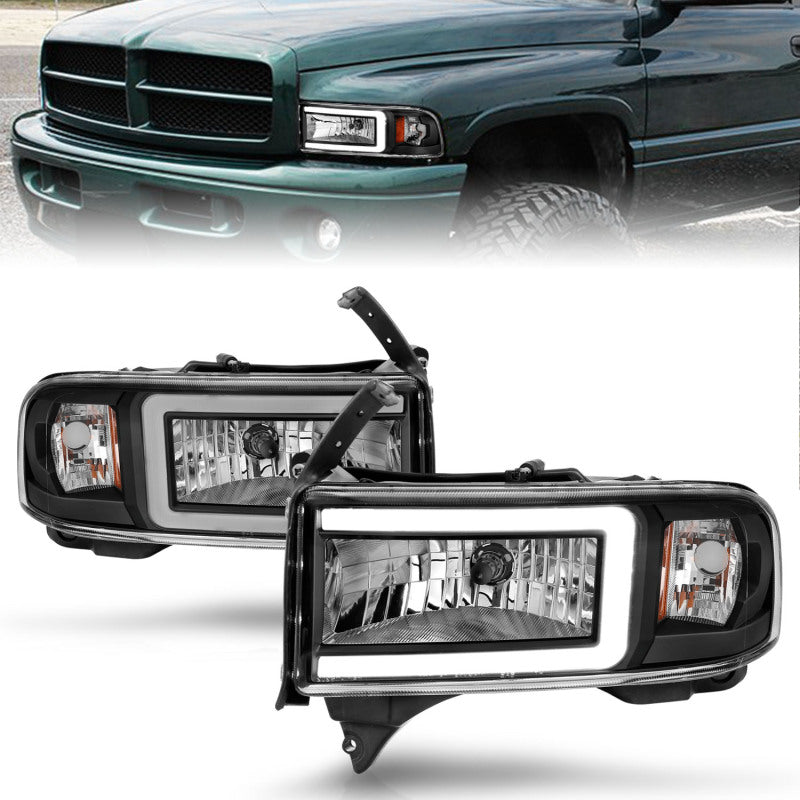 ANZO Crystal Headlights w/ Light Bar (Black): Dodge Ram 1994 - 2002 (1500, 2500, 3500)