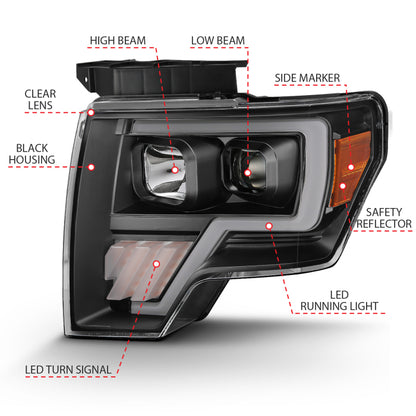 ANZO Projector Headlight Set Light Bar G4 H.L. Black Amber Pair | Ford F-150 (09-14) (111445)