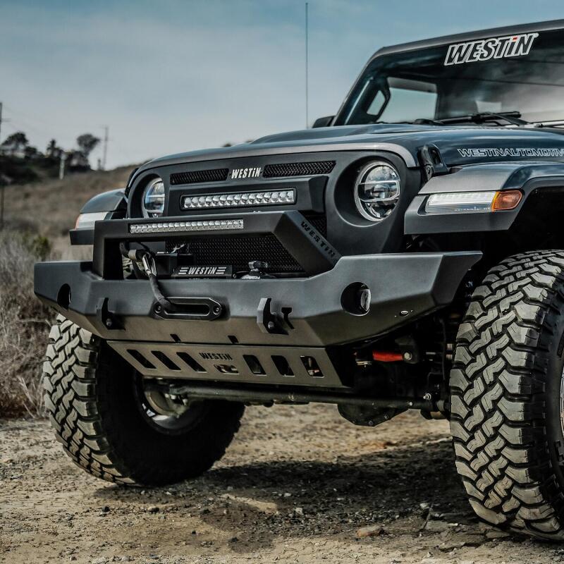 Westin Textured Black Full Width Front Bumper w/ LED Light Bar Mount: Jeep Wrangler (18-24) / Gladiator (20-24)