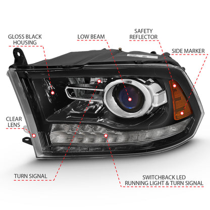 ANZO Projector Headlights Plank Style Switchback w/ Halo (Black): Dodge Ram 1500 2009 - 2018
