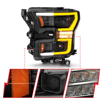 ANZO LED Projector Headlight Set w/ Light Bar Switchback Black Housing | Ford F-150 (15-17) (111547)