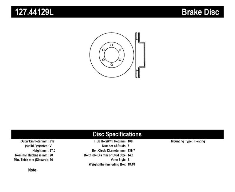 Stoptech SportStop 319mm Disc Rotors | Toyota 4Runner (03-05, 06-09), Tacoma (05-08, 09-11, 12-15, 16-19) (127.44129L)