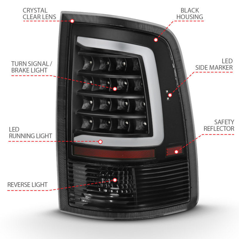 ANZO LED Tail Lights Plank Style (Black/Clear): Dodge Ram 2009 - 2018 (1500, 2500, 3500)