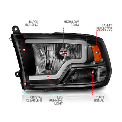 ANZO Crystal Headlights w/ Light Bar (Black): Dodge Ram 2009 - 2018 (1500, 2500, 3500)