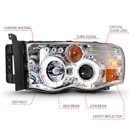 ANZO Projector Headlights w/ Halo (Chrome): Dodge Ram 1500 2002 - 2005
