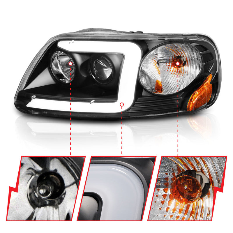 ANZO Black Projector Headlight Set w/ Light Bar | Ford Expedition (97-02) / F-150 (97-03) (111503)