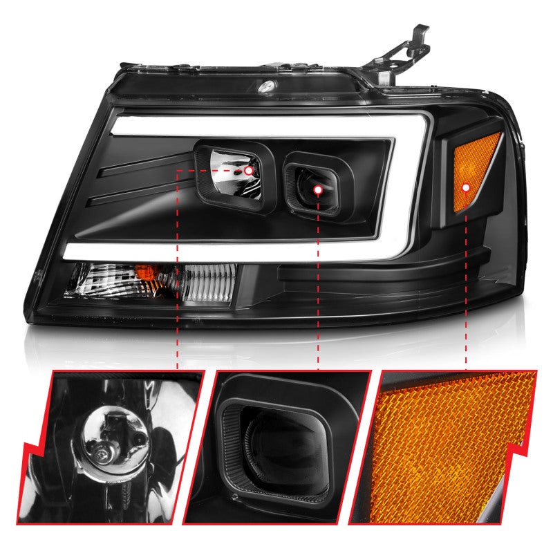 ANZO Projector Headlight Set w/ Light Bar Black Housing | Ford F-150 (04-08) (111541)