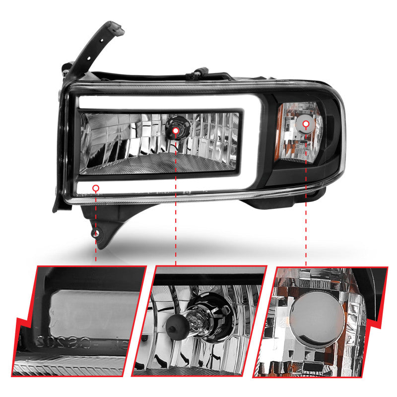 ANZO Crystal Headlights w/ Light Bar (Black): Dodge Ram 1994 - 2002 (1500, 2500, 3500)