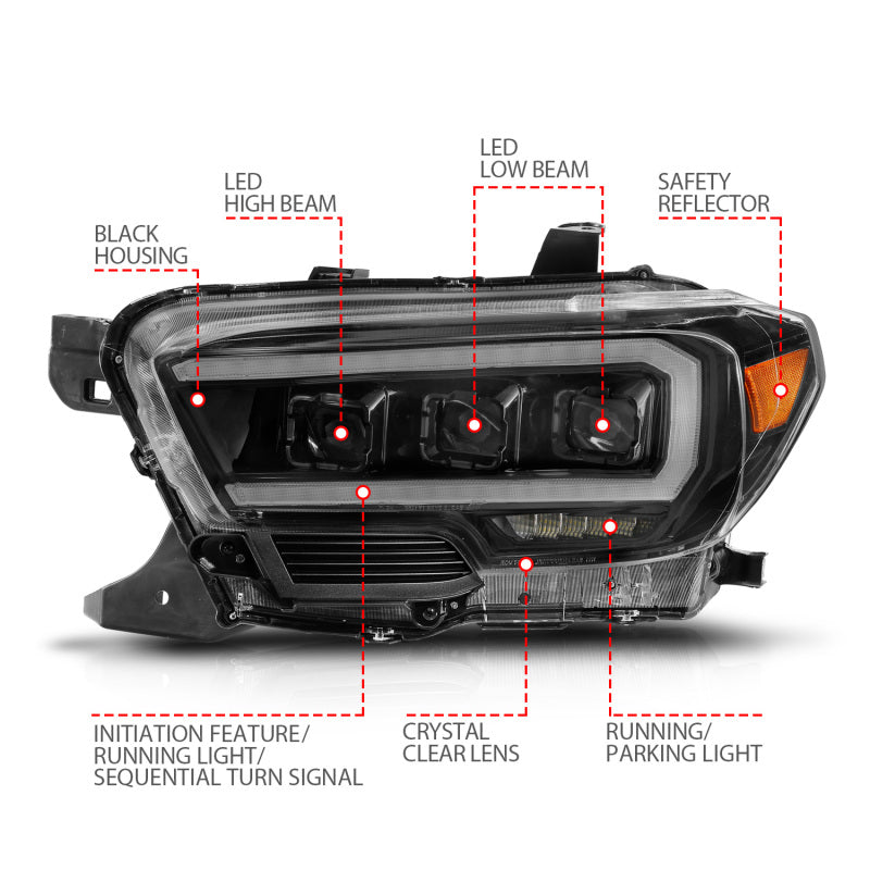 ANZO LED Projector Headlight w/ Light Bar & Sequential Turn | Toyota Tacoma (16-23) (111563)
