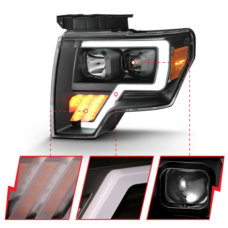 ANZO Projector Headlight Set Light Bar G4 H.L. Black Amber Pair | Ford F-150 (09-14) (111445)