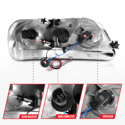 ANZO Black Projector Headlight Set w/ Light Bar | Ford Expedition (97-02) / F-150 (97-03) (111503)