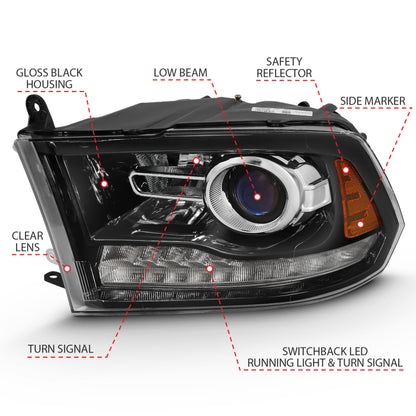 ANZO Projector Headlights Plank Style Switchback w/ Halo (Black): Dodge Ram 1500 2009 - 2018