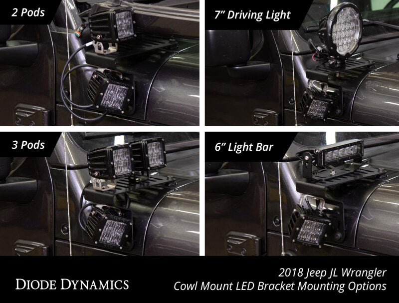 Diode Dynamics SS6 Cowl LED Bracket Kit: Jeep Wrangler / Gladiator (07-26) w/ Hardware