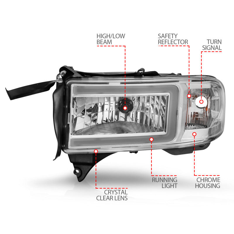 ANZO Crystal Headlights w/ Light Bar (Chrome): Dodge Ram 1994 - 2002 (1500, 2500, 3500)