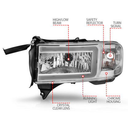 ANZO Crystal Headlights w/ Light Bar (Chrome): Dodge Ram 1994 - 2002 (1500, 2500, 3500)