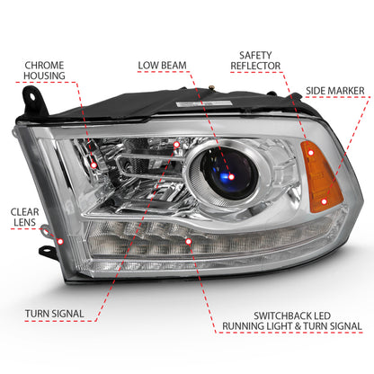 ANZO Projector Headlights Plank Style Switchback w/ Halo (Chrome): Dodge Ram 1500 2009 - 2018