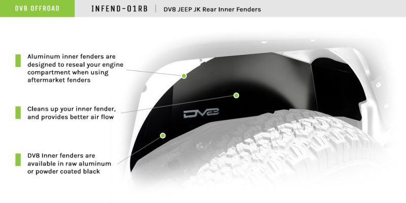 DV8 Offroad Black Aluminum Inner Fender (REAR): Jeep Wrangler JK 2007-2018