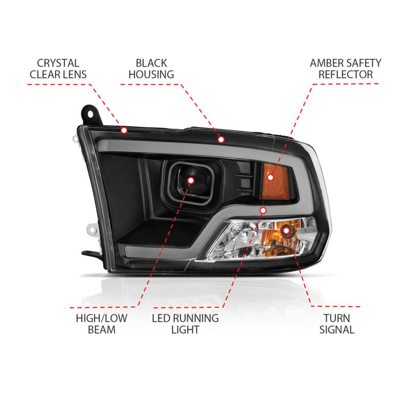 ANZO Plank Style Projector Headlights w/ Halo (Black): Dodge Ram 1500 2009 - 2018