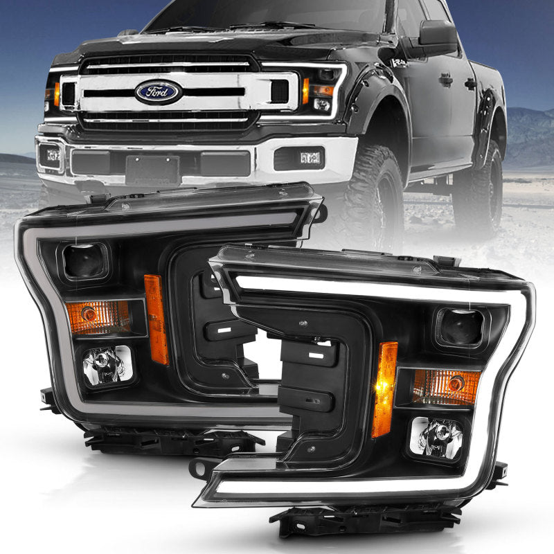 ANZO Projector Headlight Set w/Halo Plank Style Black Amber | Ford F-150 (18-19) (111467)