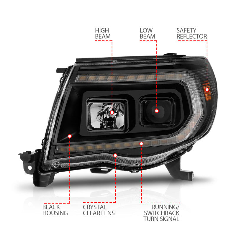 ANZO Projector Headlight Set w/ Light Bar Switchback Black Housing | Toyota Tacoma (05-11) (111564)